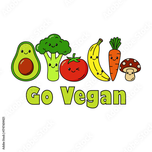 Vector Illustration of Cute Cartoon Vegan Food Characters. Go Vegan Happy Food Friends - Adorable Plant-Based Diet Characters.