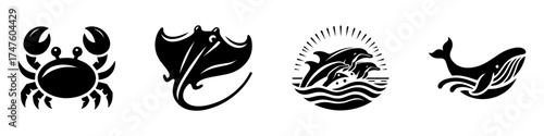 Oceanic Wildlife Icons: Crab Ray Dolphins and Whale Silhouettes.