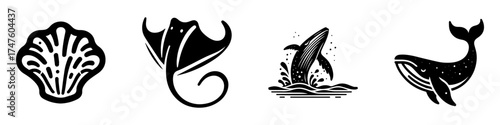 Oceanic Creatures: Shell Ray Whale and Aquatic Life.