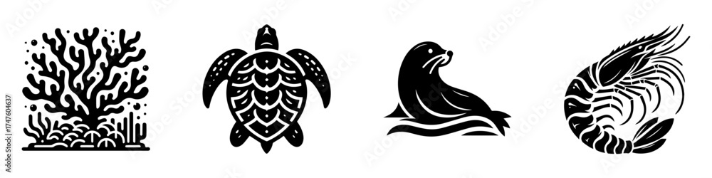 Naklejka premium Marine Life Illustration: Coral Turtle Seal and Nautilus.