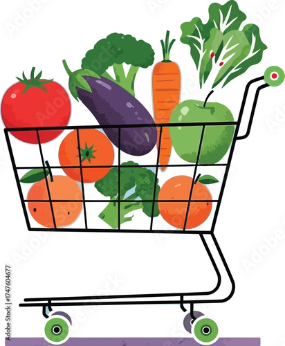 Fresh produce overflowing from a whimsical shopping cart, perfect for healthy eating campaigns and vibrant culinary projects that celebrate farm-fresh goodness