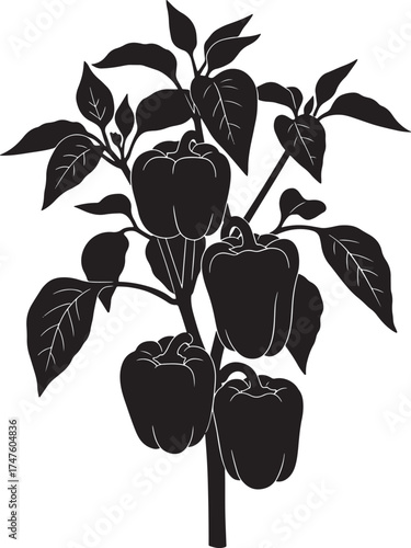 Black silhouette of a bell pepper plant with ripe vegetables silhouette