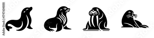 Marine Mammals Silhouette Collection: Seals Sea Lions and Walrus.