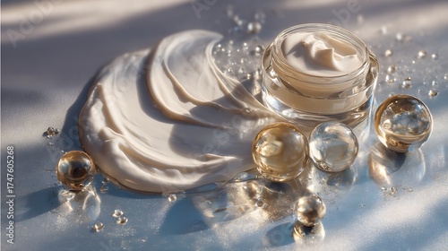 Close up of a jar of moisturizing face cream with a smear and decorative balls on a blue surface