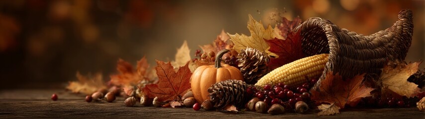 Echoes of autumn: thanksgiving's visual symphony in warm tones. Clean layout. Warm embrace of thanksgiving: leaves and cornucopia in autumn. Blank background. Strong contrast.