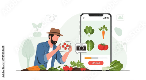 Farmer using mobile app to identify vegetables by taking a picture for marketplace selling