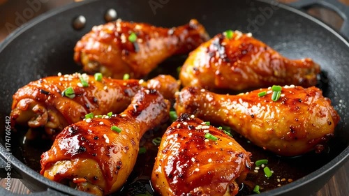 Roasted chicken drumsticks with a shiny glaze in a black skillet
