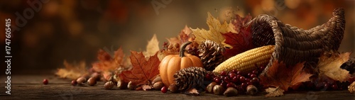 Echoes of autumn: thanksgiving's visual symphony in warm tones. Clean layout. Warm embrace of thanksgiving: leaves and cornucopia in autumn. Blank background. Strong contrast.