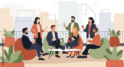 Group of professionals enjoying cocktails at a corporate rooftop social gathering vector