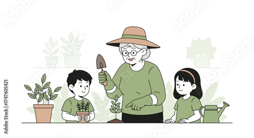 Grandmother and Grandchildren Planting Together in a Garden Illustration Style Image