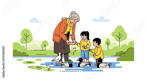 Grandmother and Grandchildren Feeding Ducks in a Peaceful Park Illustration