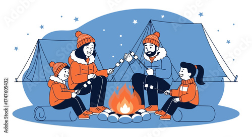 Happy family camping and roasting marshmallows around campfire under a starry night sky