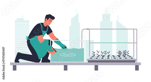 Hydroponics farming illustration with man cultivating plants in urban rooftop farm setting