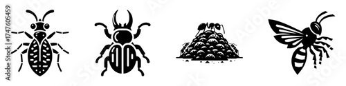 Insect silhouettes in a row black and white insects bugs nature.