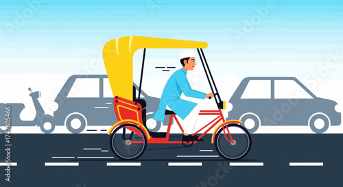 Illustration of a man driving a cycle rickshaw in a busy urban landscape during daytime