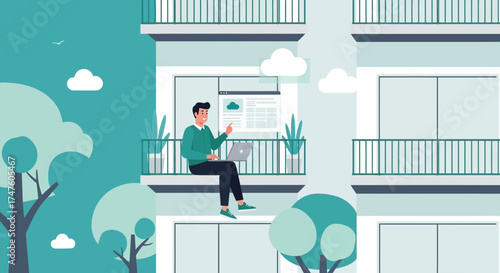 Illustration of a man working remotely from a balcony during the pandemic era illustrating remote