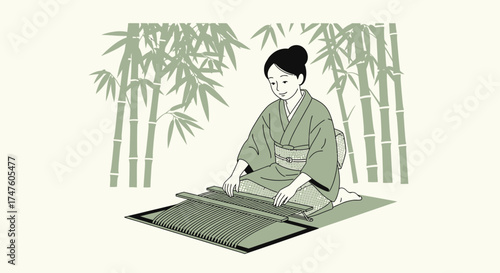 Illustration of a Japanese woman weaving bamboo mat in traditional kimono with bamboo background