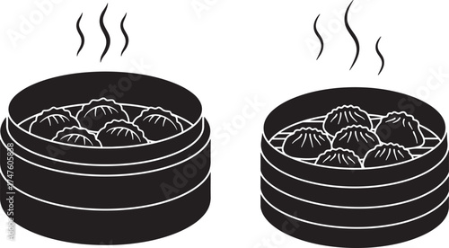 Two steaming bamboo food baskets with dumplings silhouette