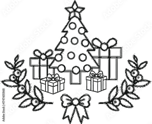 Create festive holiday cheer with this charming Christmas tree and gifts illustration, perfect for seasonal designs and heartwarming celebration themes