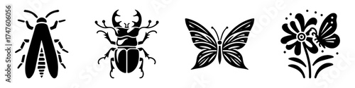 Insect and flower illustrations in black and white nature theme.