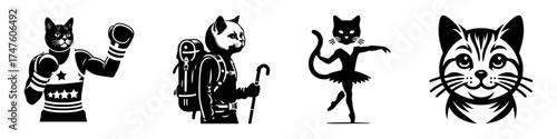 Cat Illustrations: Boxer Hiker Ballerina and Face.