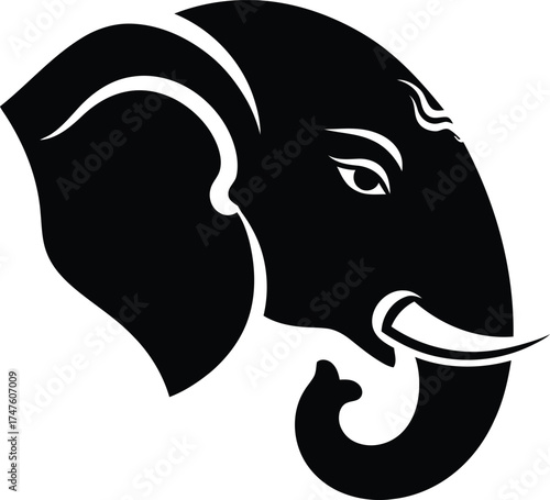 A striking black and white silhouette of the head of the Hindu deity Ganesha, depicted as an elephant.