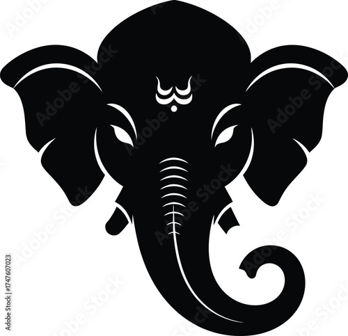 Black silhouette of Lord Ganesha's elephant head with a tilak mark, a Hindu deity, on a white background.
