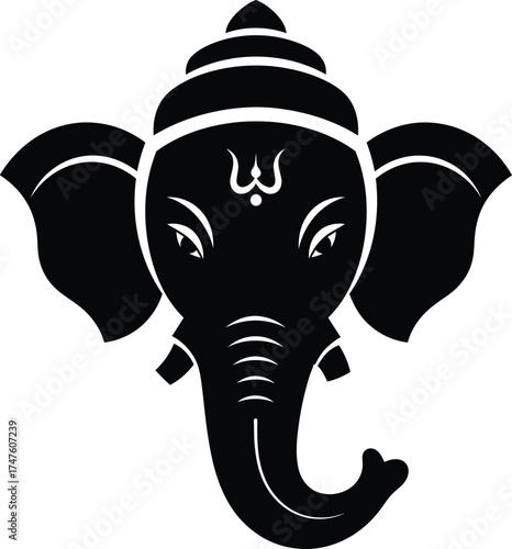 Black and white illustration of the Hindu god Ganesha's head.