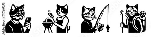 Cats enjoying leisure activities: phone barbecue fishing and hiking.