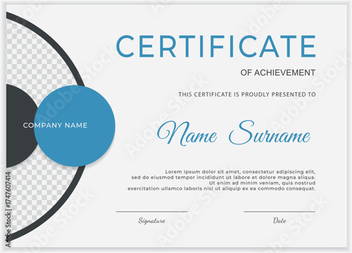 Modern, minimalist certificate template with clean design. Features blue and black geometric circles and a transparent photo placeholder. Ideal for corporate achievements, course completion.Vector.