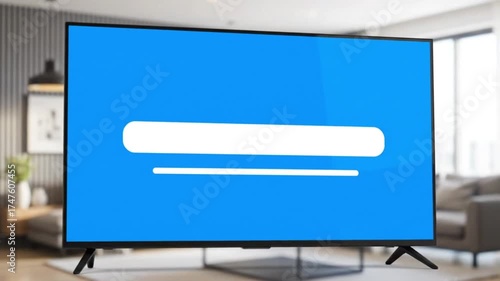 Smart TV displaying a blue screen with a loading bar, indicating a system update or buffering content in a modern living room setting.