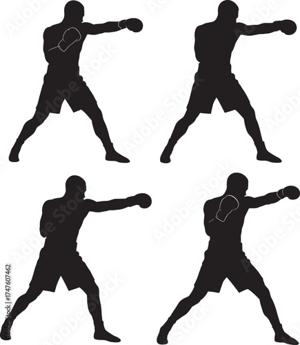 Four boxing silhouettes in different fighting stances silhouette