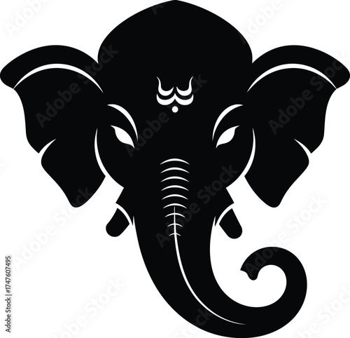Black and white illustration of the Hindu deity Ganesha's face, with intricate details.