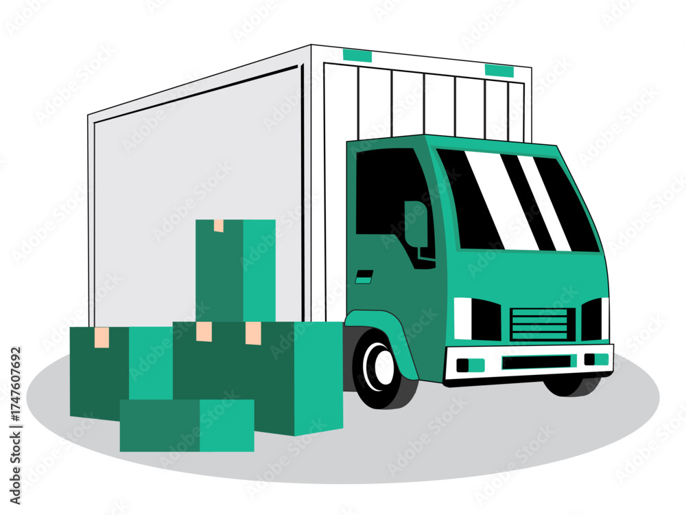 Fototapeta premium Logistics Truck Illustration with Cardboard Boxes,Courier Service and Goods Delivery