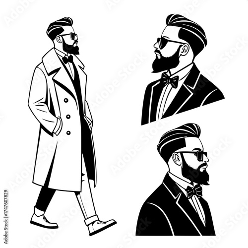Modern Vintage Men’s Portraits

Four stylized digital illustrations of fashionable bearded men with pompadours and sunglasses, wearing formal attire (suit, coat, bow tie). Each man is framed against a