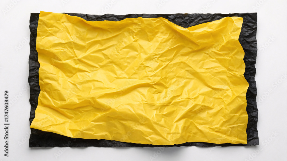 Obraz premium Wrinkled yellow paper sheet bordered by black crumpled paper creating bold frame effect against white surface with dramatic contrast and texture.