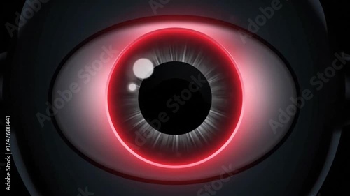 Close-up of a futuristic glowing red eye on a dark background, representing surveillance and artificial intelligence.