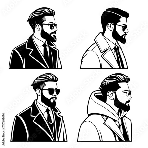 Monochrome Gentleman Quartet

A set of four black-and-white graphic illustrations depicting bearded Caucasian men with slick pompadour hair and sunglasses. Each shown from the shoulders up, facing dif