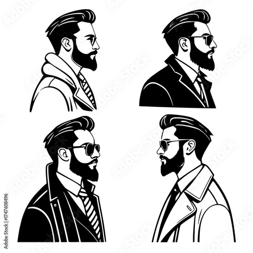 Monochrome Gentleman Quartet

A set of four black-and-white graphic illustrations depicting bearded Caucasian men with slick pompadour hair and sunglasses. Each shown from the shoulders up, facing dif