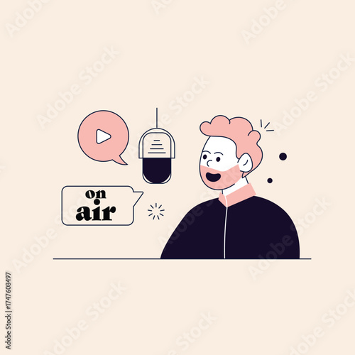 Digital audio broadcasting with a male host speaking into a microphone, showing 'on air' status. Represents podcasting, online radio, and media communication