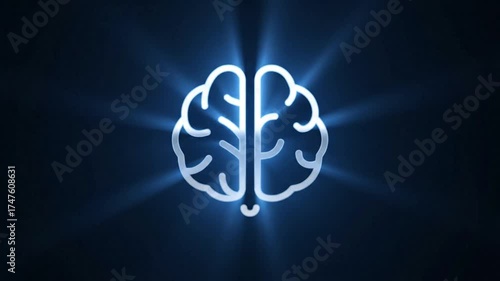 Brain icon with glowing light effect on a dark blue background representing intelligence and thought.
