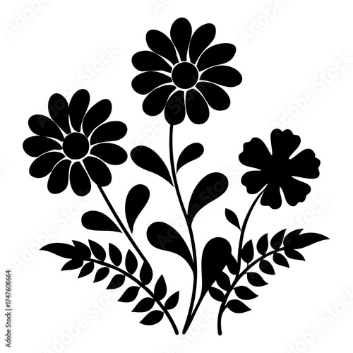 Beautiful black and white illustration of a floral arrangement featuring three daisy-like flowers and delicate foliage, perfect for decorative purposes