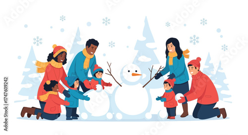 Diverse family building a snowman together in winter wonderland illustration scene