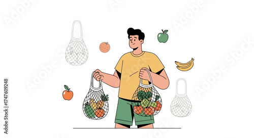 Eco-conscious man with mesh bags full of fresh produce promoting sustainable living style