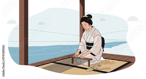 Elegant japanese woman in kimono crafting traditional textile by lake scenery