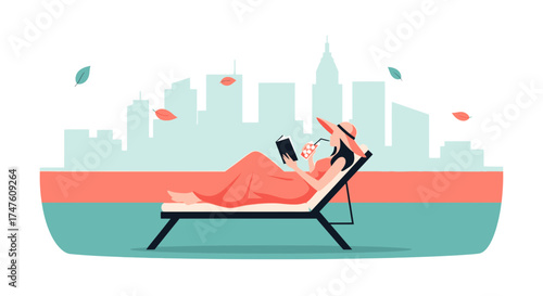 Elegant woman relaxing on a lounge chair with a book and cocktail enjoying city skyline views