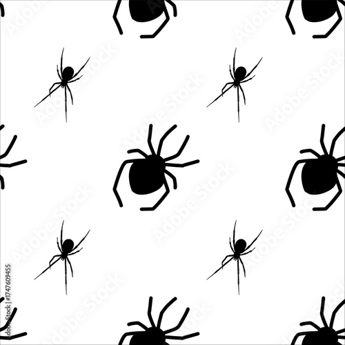 Black spider pattern on a white background featuring various spider sizes and orientations