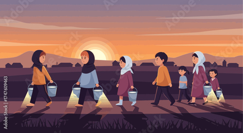 Group of children walking with buckets at sunset in a rural landscape scene