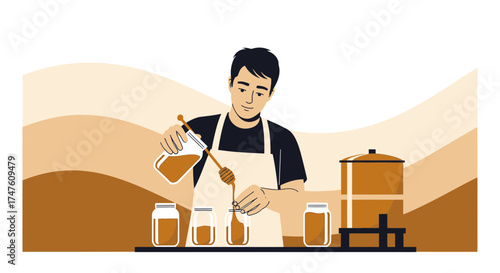 Illustration of a beekeeper bottling fresh honey in jars with a warm and inviting color palette