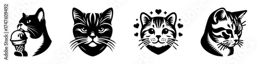 Cat Illustrations: Adorable Feline Faces in Black and White.